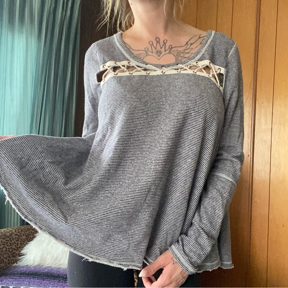 Free People flowy cotton striped sweater with lace front detail - Picture 2 of 6